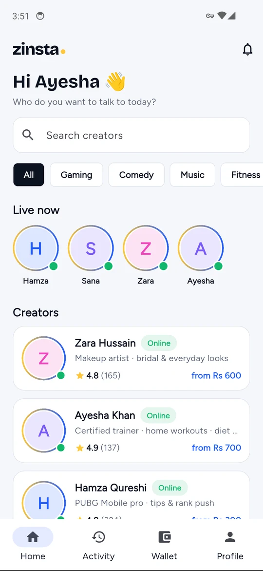 Zinsta home screen