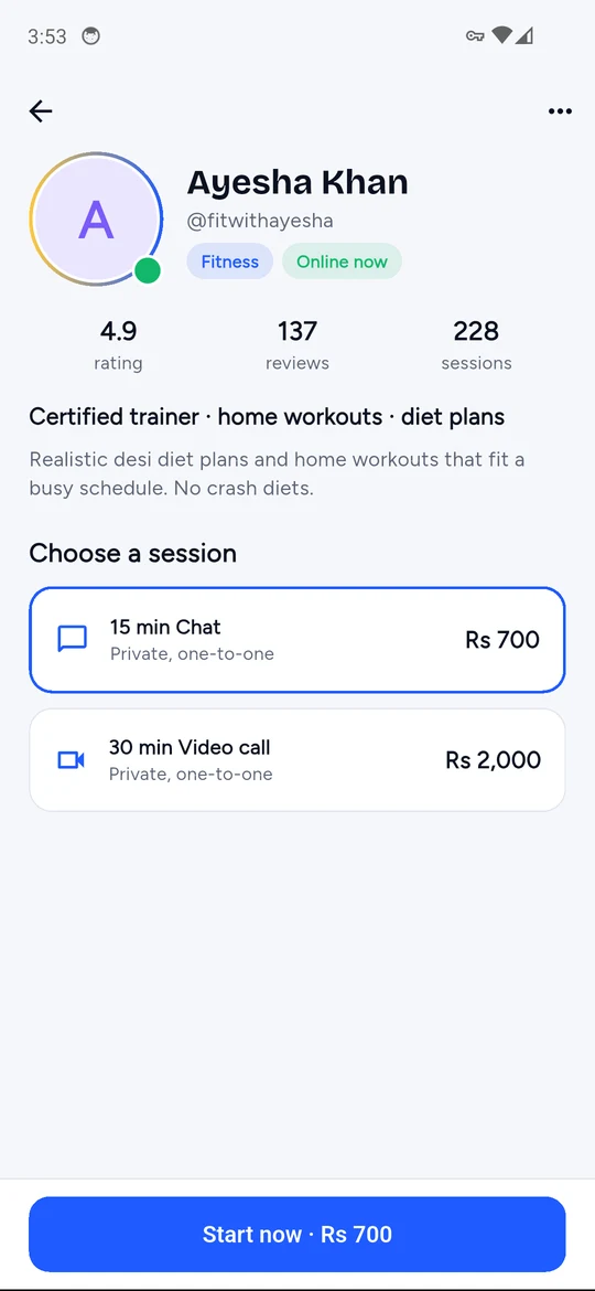 Zinsta creator profile with session options